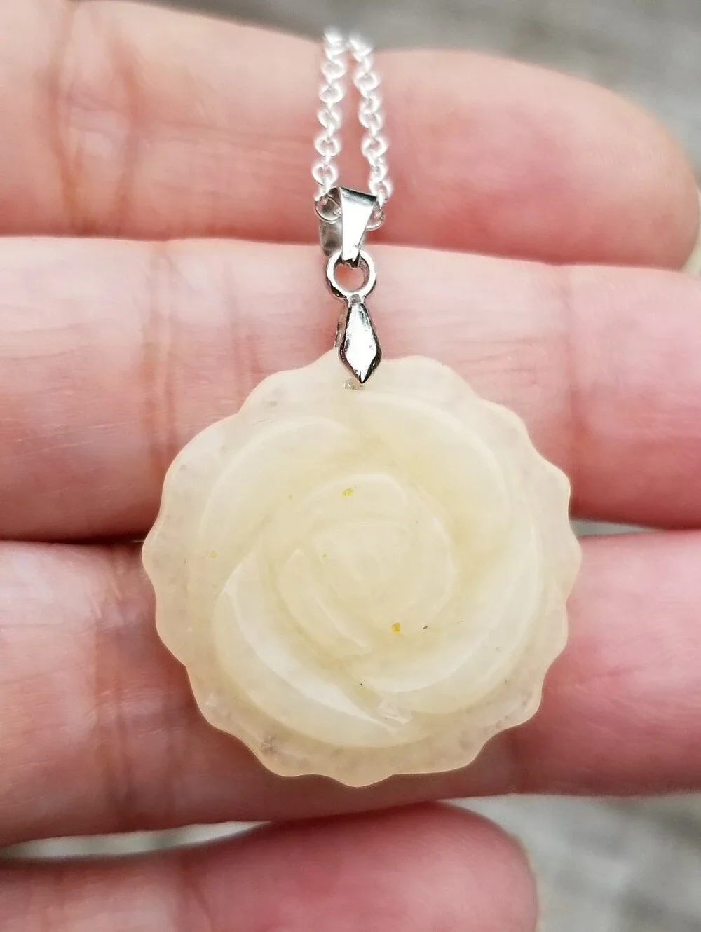 Sterling Silver Yellow Jade Rose Pendant Necklace, Yellow Jade Hand Carved Rose